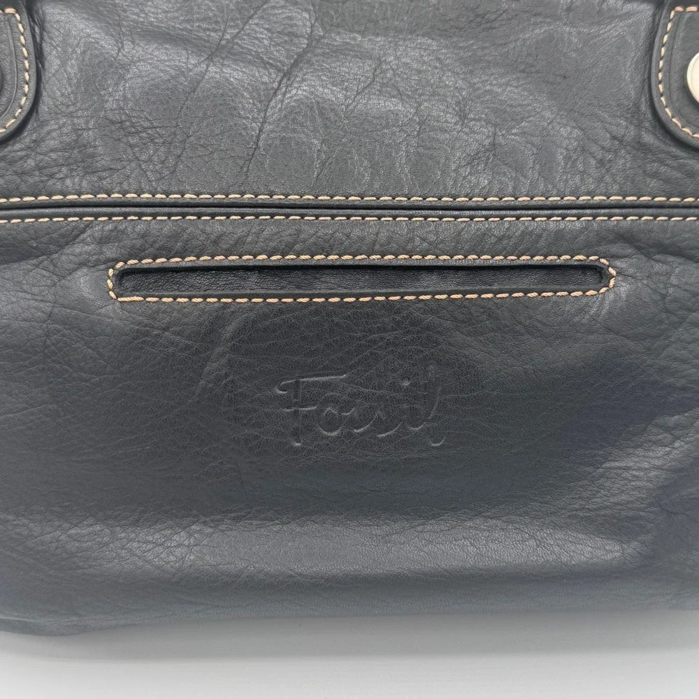 Fossil Black Pebbled Leather Shoulder Bag Contrast Stitch Hobo Purse ZB9384